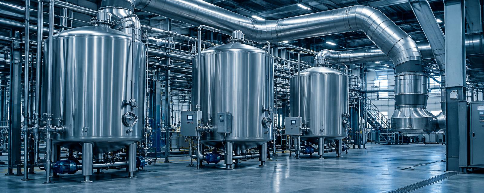 Stainless steel tanks in a processing plant
