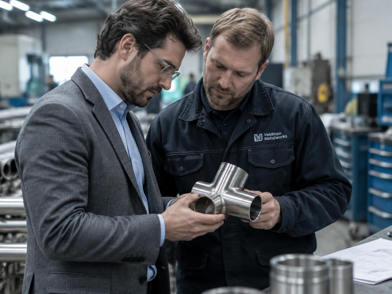 Engineers inspecting a finished stainless steel fitting