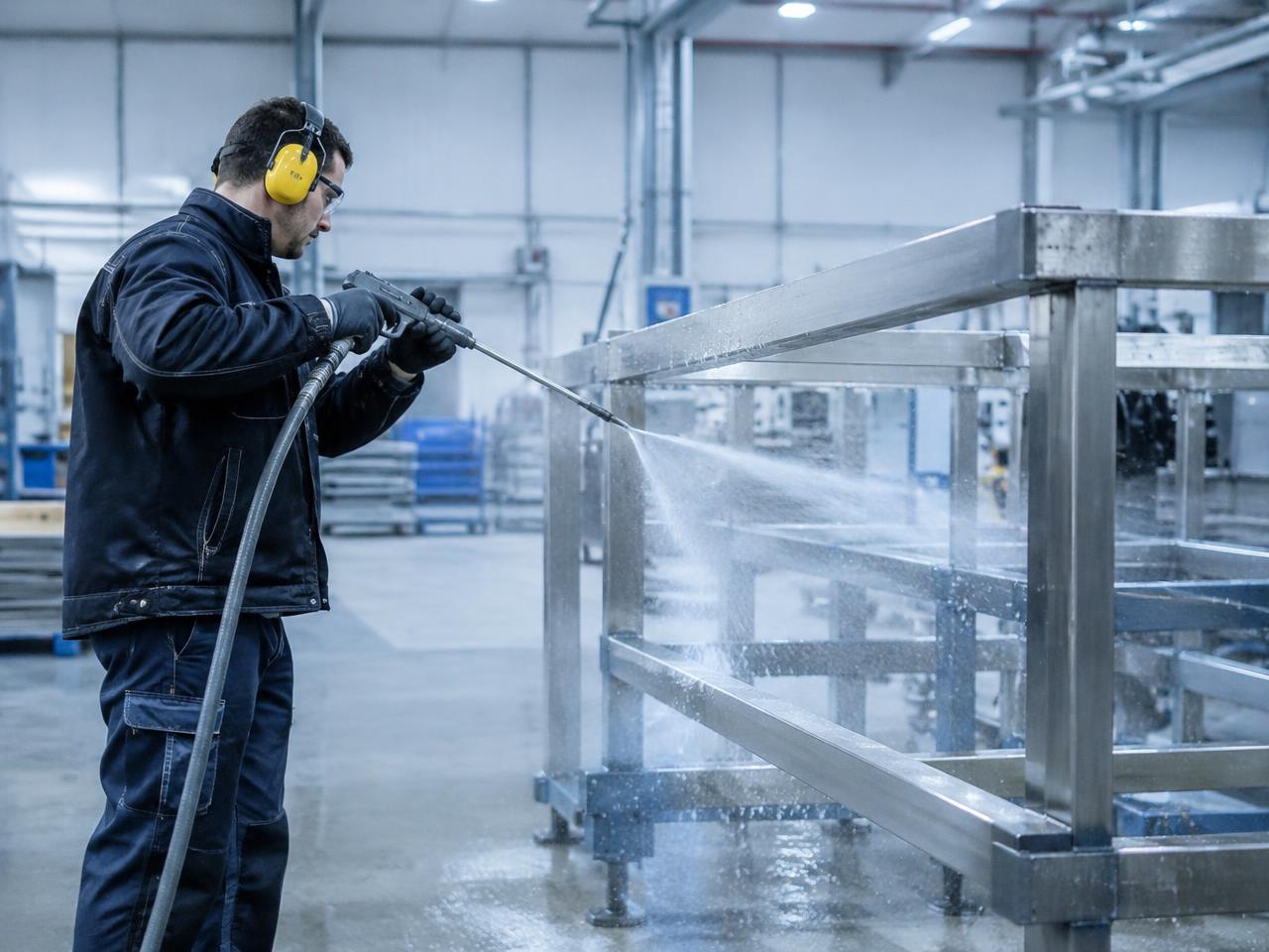 Technician applying wet polishing to a stainless steel frame